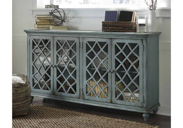 Mirimyn Antique Teal Door Accent, Antique End Table With Glass Doors And Windows