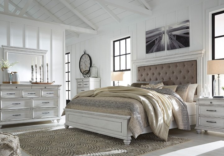 Kanwyn Whitewash Upholstered King Panel, White Washed Distressed Bedroom Furniture