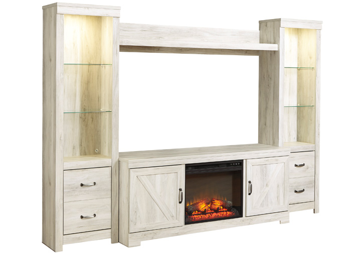 Bellaby White 4pc Fireplace, Entertainment Center With Shelves And Fireplace