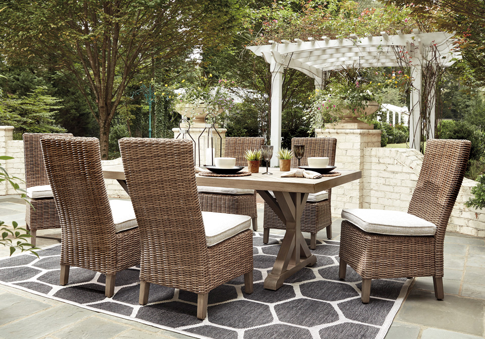 Beachcroft Beige Outdoor Rectangular Dining Table/Side Chair 7pc Set