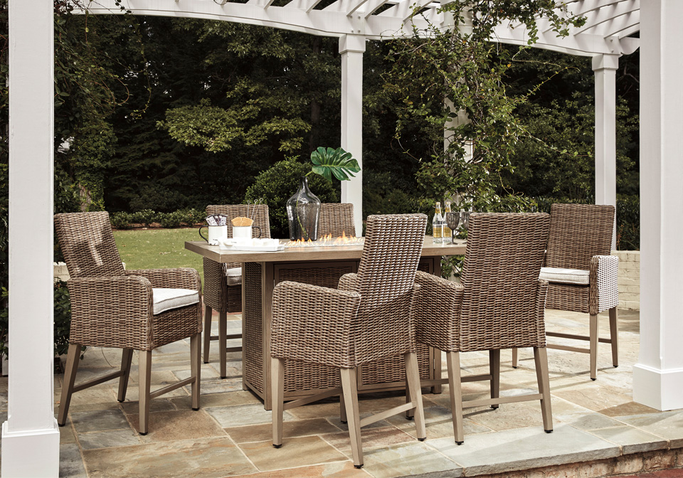 Beachcroft Beige Outdoor Rectangular Bar Table Chair 7pc Set