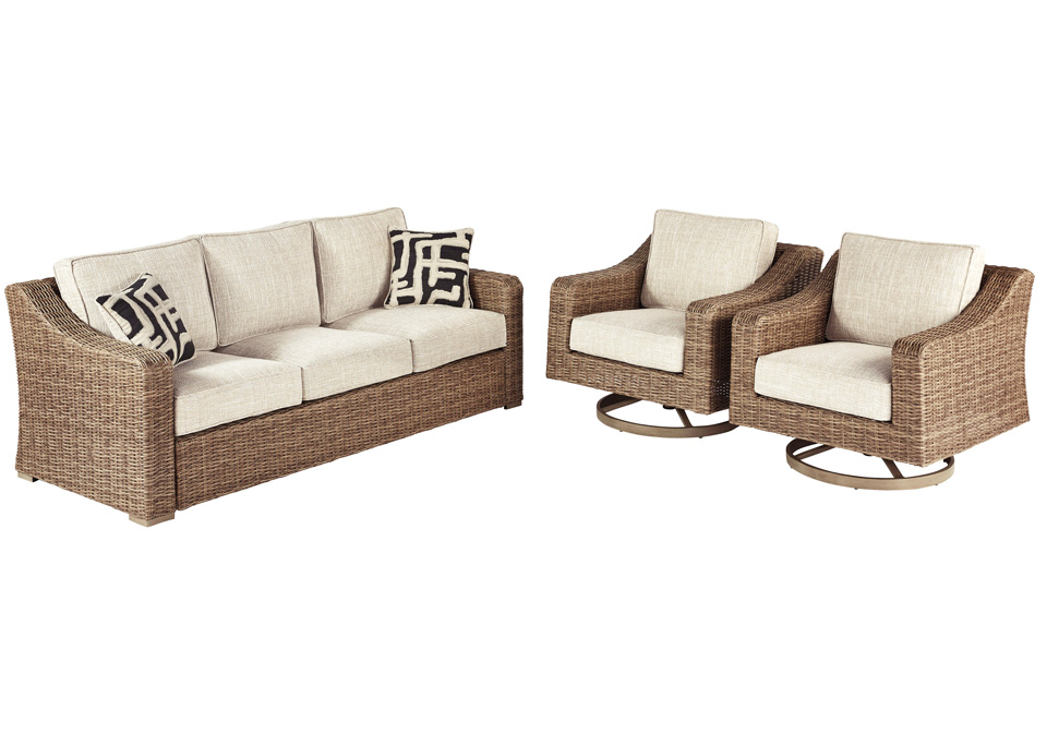 Beachcroft Beige Outdoor Sofa & Swivel Lounge Chair 3pc Set